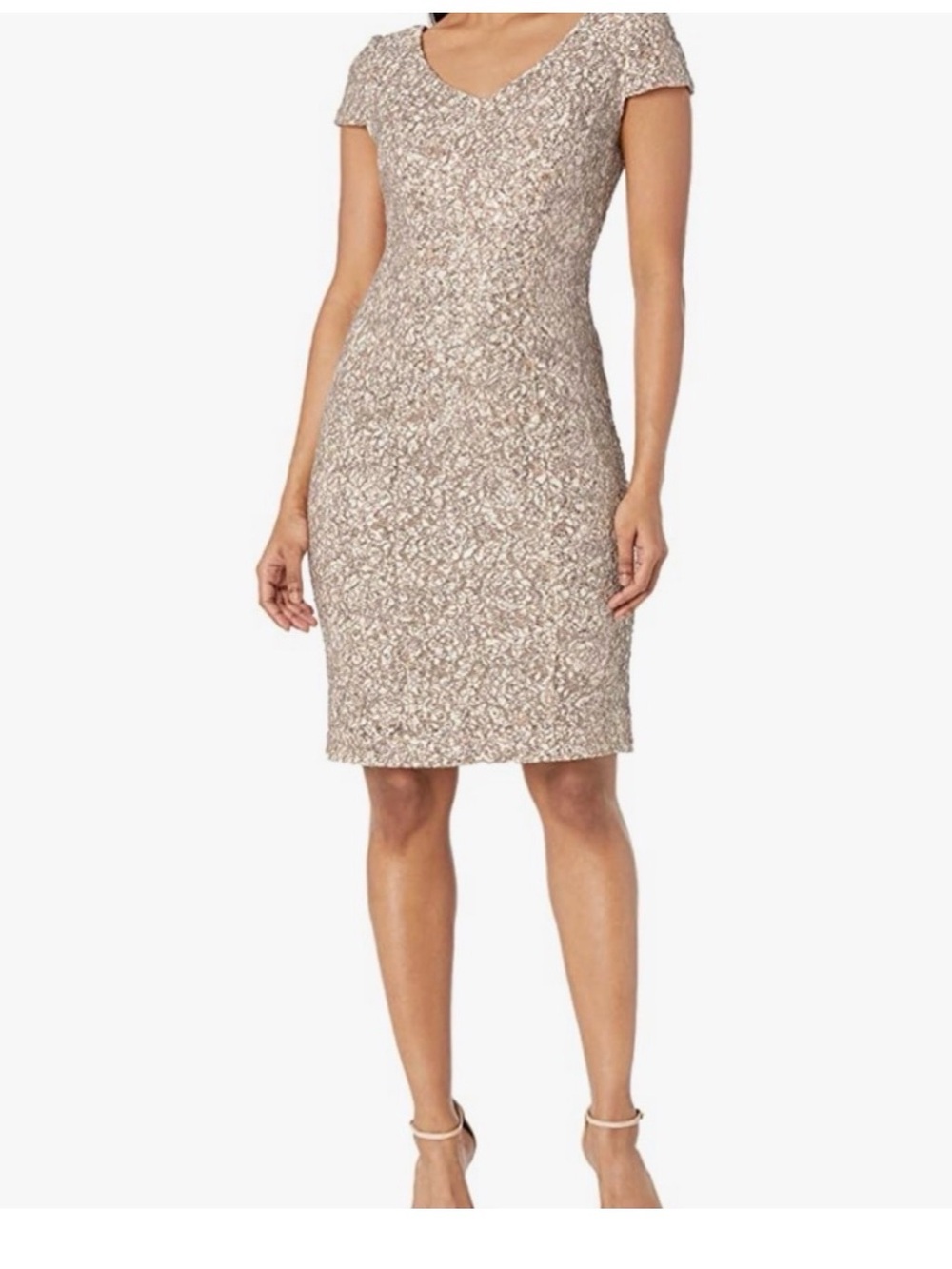 Alex Evenings short Sleeve scoop neck Sheath Dress in Beige Pattern